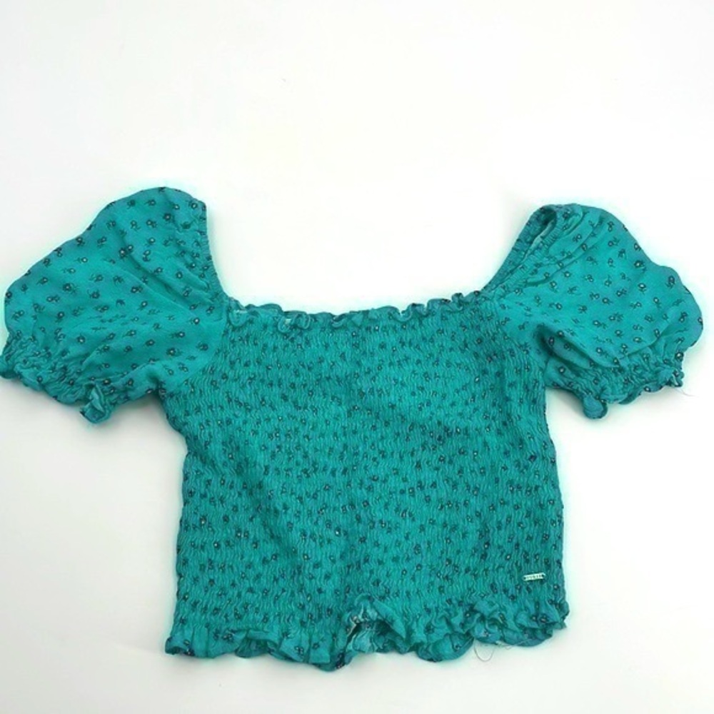 UEC Guess off the shoulder elastic smoked crop top XS green w/ pink flowers